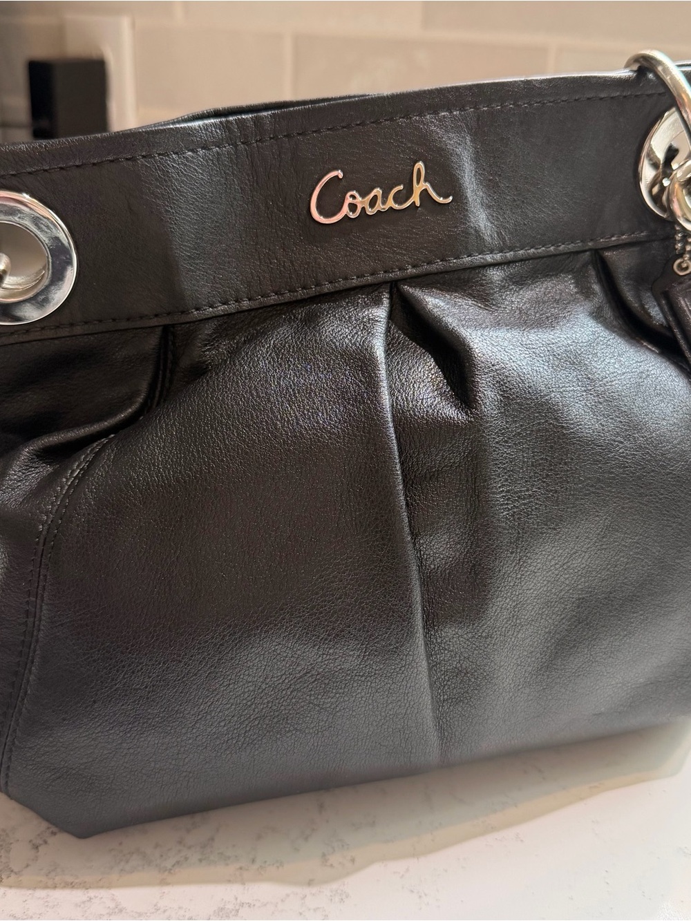 Coach Black Leather Pleated Shoulder Bag with Silver Hardware
